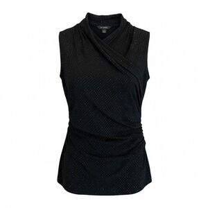 St. John Black Textured Dot Top Sleeveless Draped Neck Stretch Blouse Size M